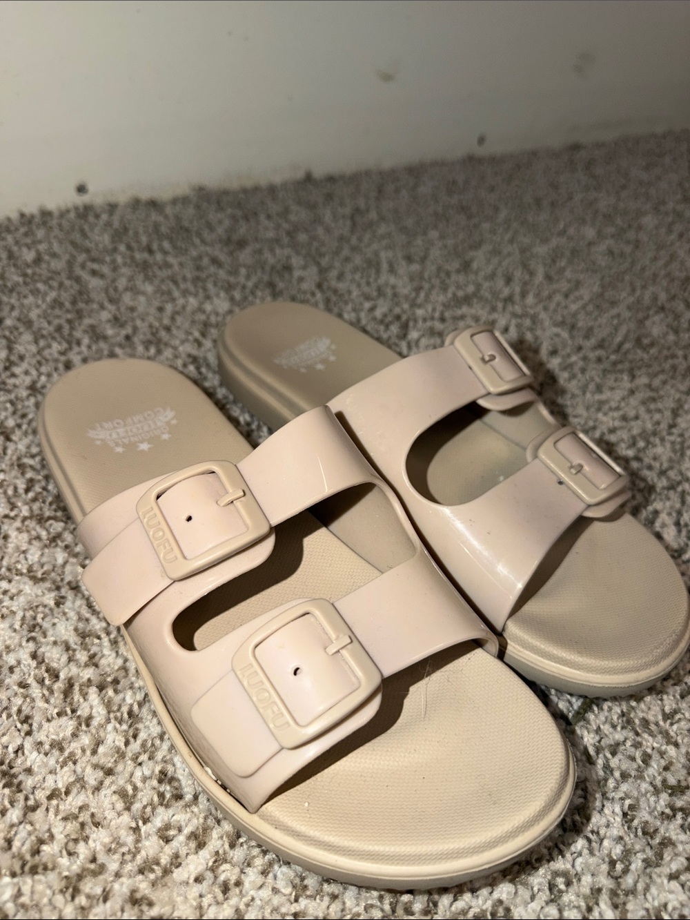 Beige Double-Buckle Slide Sandals women’s 8.5